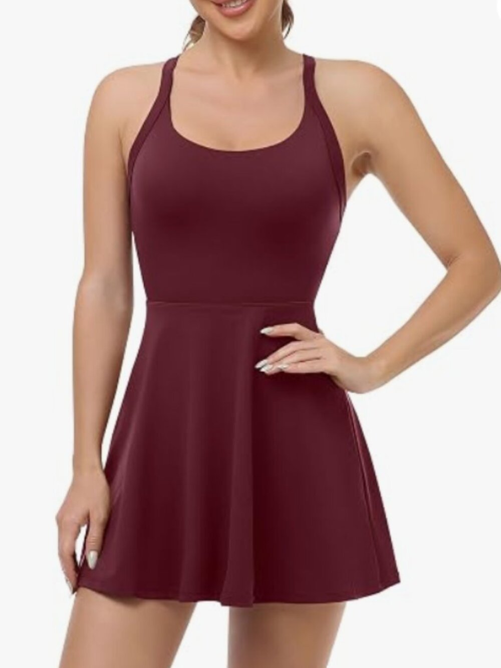 ## ✨ Burgundy Open-Back Exercise Tennis Dress with Shorts ✨